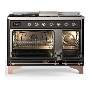 ILVE Majestic III 48-Inch Dual Fuel Range with 5 Sealed Burners + Griddle + French Top, 5.02 cu. ft. Oven, Glossy Black with Copper Trim, Liquid Propane, Solid Door, UM48FSQNR3BKPLP