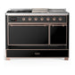 ILVE Majestic III 48-Inch Dual Fuel Range with 5 Sealed Burners + Griddle + French Top, 5.02 cu. ft. Oven, Glossy Black with Copper Trim, Liquid Propane, Solid Door, UM48FSQNR3BKPLP