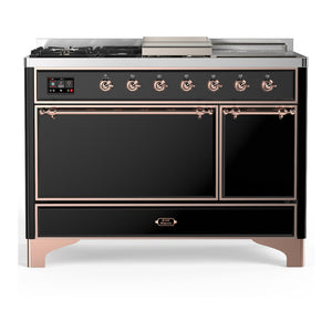 ILVE Majestic III 48-Inch Dual Fuel Range with 5 Sealed Burners + Griddle + French Top, 5.02 cu. ft. Oven, Glossy Black with Copper Trim, Liquid Propane, Solid Door, UM48FSQNR3BKPLP