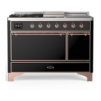 ILVE Majestic III 48-Inch Dual Fuel Range with 5 Sealed Burners + Griddle + French Top, 5.02 cu. ft. Oven, Glossy Black with Copper Trim, Natural Gas, Solid Door, UM48FSQNR3BKP