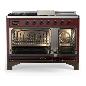 ILVE Majestic III 48-Inch Dual Fuel Range with 5 Sealed Burners + Griddle + French Top, 5.02 cu. ft. Oven, Burgundy with Burnished Trim, Liquid Propane, Solid Door, UM48FSQNR3BUBLP