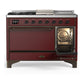 ILVE Majestic III 48-Inch Dual Fuel Range with 5 Sealed Burners + Griddle + French Top, 5.02 cu. ft. Oven, Burgundy with Burnished Trim, Natural Gas, Solid Door, UM48FSQNR3BUB