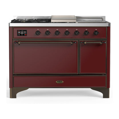 ILVE Majestic III 48-Inch Dual Fuel Range with 5 Sealed Burners + Griddle + French Top, 5.02 cu. ft. Oven, Burgundy with Burnished Trim, Natural Gas, Solid Door, UM48FSQNR3BUB