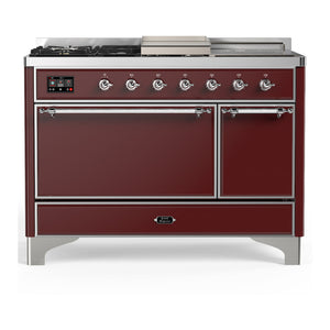 ILVE Majestic III 48-Inch Dual Fuel Range with 5 Sealed Burners + Griddle + French Top, 5.02 cu. ft. Oven, Burgundy with Chrome Trim, Liquid Propane, Solid Door, UM48FSQNR3BUCLP