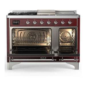 ILVE Majestic III 48-Inch Dual Fuel Range with 5 Sealed Burners + Griddle + French Top, 5.02 cu. ft. Oven, Burgundy with Chrome Trim, Natural Gas, Solid Door, UM48FSQNR3BUC
