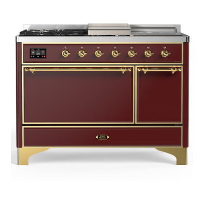 ILVE Majestic III 48-Inch Dual Fuel Range with 5 Sealed Burners + Griddle + French Top, 5.02 cu. ft. Oven, Burgundy with Brass Trim, Liquid Propane, Solid Door, UM48FSQNR3BUGLP