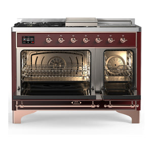 ILVE Majestic III 48-Inch Dual Fuel Range with 5 Sealed Burners + Griddle + French Top, 5.02 cu. ft. Oven, Burgundy with Copper Trim, Liquid Propane, Solid Door, UM48FSQNR3BUPLP