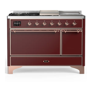 ILVE Majestic III 48-Inch Dual Fuel Range with 5 Sealed Burners + Griddle + French Top, 5.02 cu. ft. Oven, Burgundy with Copper Trim, Liquid Propane, Solid Door, UM48FSQNR3BUPLP
