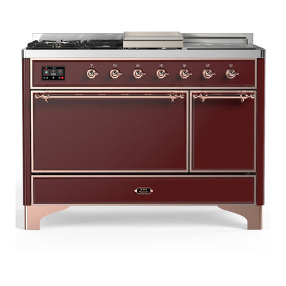 ILVE Majestic III 48-Inch Dual Fuel Range with 5 Sealed Burners + Griddle + French Top, 5.02 cu. ft. Oven, Burgundy with Copper Trim, Liquid Propane, Solid Door, UM48FSQNR3BUPLP