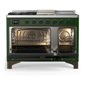 ILVE Majestic III 48-Inch Dual Fuel Range with 5 Sealed Burners + Griddle + French Top, 5.02 cu. ft. Oven, Emerald Green with Burnished Trim, Liquid Propane, Solid Door, UM48FSQNR3EGBLP
