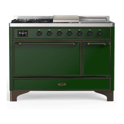 ILVE Majestic III 48-Inch Dual Fuel Range with 5 Sealed Burners + Griddle + French Top, 5.02 cu. ft. Oven, Emerald Green with Burnished Trim, Liquid Propane, Solid Door, UM48FSQNR3EGBLP