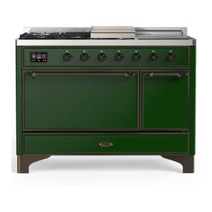 ILVE Majestic III 48-Inch Dual Fuel Range with 5 Sealed Burners + Griddle + French Top, 5.02 cu. ft. Oven, Emerald Green with Burnished Trim, Natural Gas, Solid Door, UM48FSQNR3EGB