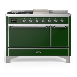 ILVE Majestic III 48-Inch Dual Fuel Range with 5 Sealed Burners + Griddle + French Top, 5.02 cu. ft. Oven, Emerald Green with Chrome Trim, Liquid Propane, Solid Door, UM48FSQNR3EGCLP