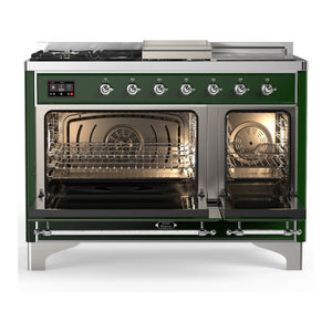 ILVE Majestic III 48-Inch Dual Fuel Range with 5 Sealed Burners + Griddle + French Top, 5.02 cu. ft. Oven, Emerald Green with Chrome Trim, Liquid Propane, Solid Door, UM48FSQNR3EGCLP