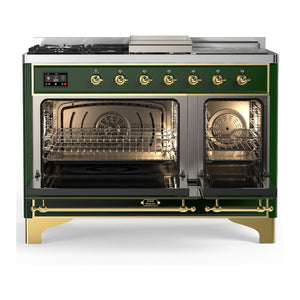 ILVE Majestic III 48-Inch Dual Fuel Range with 5 Sealed Burners + Griddle + French Top, 5.02 cu. ft. Oven, Emerald Green with Brass Trim, Liquid Propane, Solid Door, UM48FSQNR3EGGLP