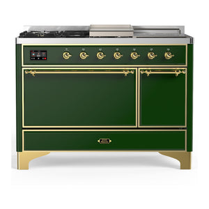 ILVE Majestic III 48-Inch Dual Fuel Range with 5 Sealed Burners + Griddle + French Top, 5.02 cu. ft. Oven, Emerald Green with Brass Trim, Liquid Propane, Solid Door, UM48FSQNR3EGGLP