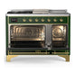 ILVE Majestic III 48-Inch Dual Fuel Range with 5 Sealed Burners + Griddle + French Top, 5.02 cu. ft. Oven, Emerald Green with Brass Trim, Natural Gas, Solid Door, UM48FSQNR3EGG