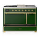 ILVE Majestic III 48-Inch Dual Fuel Range with 5 Sealed Burners + Griddle + French Top, 5.02 cu. ft. Oven, Emerald Green with Brass Trim, Natural Gas, Solid Door, UM48FSQNR3EGG