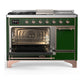 ILVE Majestic III 48-Inch Dual Fuel Range with 5 Sealed Burners + Griddle + French Top, 5.02 cu. ft. Oven, Emerald Green with Copper Trim, Liquid Propane, Solid Door, UM48FSQNR3EGPLP