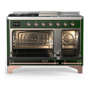 ILVE Majestic III 48-Inch Dual Fuel Range with 5 Sealed Burners + Griddle + French Top, 5.02 cu. ft. Oven, Emerald Green with Copper Trim, Natural Gas, Solid Door, UM48FSQNR3EGP