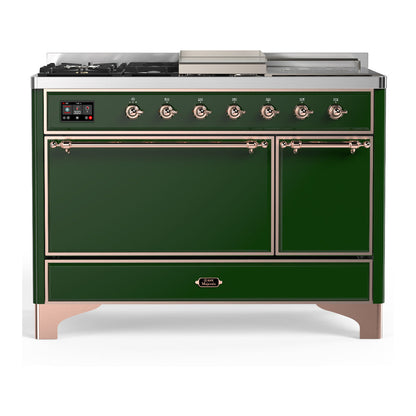 ILVE Majestic III 48-Inch Dual Fuel Range with 5 Sealed Burners + Griddle + French Top, 5.02 cu. ft. Oven, Emerald Green with Copper Trim, Natural Gas, Solid Door, UM48FSQNR3EGP