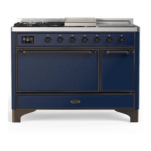 ILVE Majestic III 48-Inch Dual Fuel Range with 5 Sealed Burners + Griddle + French Top, 5.02 cu. ft. Oven, Mightnight Blue with Burnished Trim, Liquid Propane, Solid Door, UM48FSQNR3MBBLP