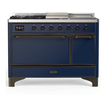 ILVE Majestic III 48-Inch Dual Fuel Range with 5 Sealed Burners + Griddle + French Top, 5.02 cu. ft. Oven, Mightnight Blue with Burnished Trim, Liquid Propane, Solid Door, UM48FSQNR3MBBLP