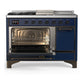 ILVE Majestic III 48-Inch Dual Fuel Range with 5 Sealed Burners + Griddle + French Top, 5.02 cu. ft. Oven, Mightnight Blue with Burnished Trim, Liquid Propane, Solid Door, UM48FSQNR3MBBLP