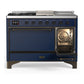 ILVE Majestic III 48-Inch Dual Fuel Range with 5 Sealed Burners + Griddle + French Top, 5.02 cu. ft. Oven, Mightnight Blue with Burnished Trim, Liquid Propane, Solid Door, UM48FSQNR3MBBLP