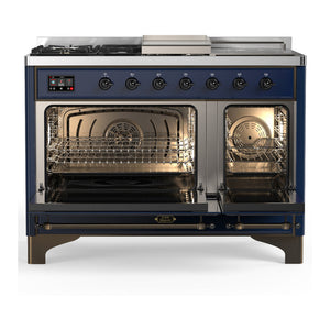 ILVE Majestic III 48-Inch Dual Fuel Range with 5 Sealed Burners + Griddle + French Top, 5.02 cu. ft. Oven, Mightnight Blue with Burnished Trim, Natural Gas, Solid Door, UM48FSQNR3MBB