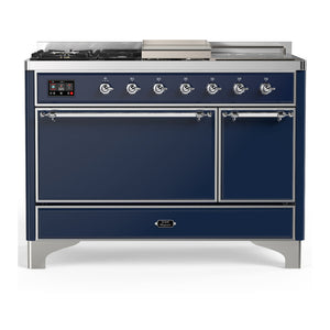 ILVE Majestic III 48-Inch Dual Fuel Range with 5 Sealed Burners + Griddle + French Top, 5.02 cu. ft. Oven, Mightnight Blue with Chrome Trim, Liquid Propane, Solid Door, UM48FSQNR3MBCLP