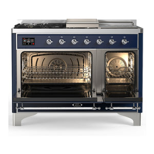 ILVE Majestic III 48-Inch Dual Fuel Range with 5 Sealed Burners + Griddle + French Top, 5.02 cu. ft. Oven, Mightnight Blue with Chrome Trim, Natural Gas, Solid Door, UM48FSQNR3MBC