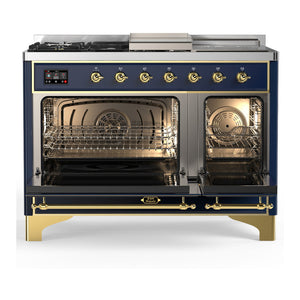 ILVE Majestic III 48-Inch Dual Fuel Range with 5 Sealed Burners + Griddle + French Top, 5.02 cu. ft. Oven, Mightnight Blue with Brass Trim, Liquid Propane, Solid Door, UM48FSQNR3MBGLP