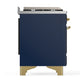 ILVE Majestic III 48-Inch Dual Fuel Range with 5 Sealed Burners + Griddle + French Top, 5.02 cu. ft. Oven, Mightnight Blue with Brass Trim, Liquid Propane, Solid Door, UM48FSQNR3MBGLP