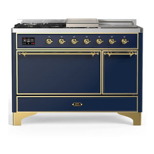 ILVE Majestic III 48-Inch Dual Fuel Range with 5 Sealed Burners + Griddle + French Top, 5.02 cu. ft. Oven, Mightnight Blue with Brass Trim, Liquid Propane, Solid Door, UM48FSQNR3MBGLP