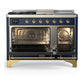 ILVE Majestic III 48-Inch Dual Fuel Range with 5 Sealed Burners + Griddle + French Top, 5.02 cu. ft. Oven, Mightnight Blue with Brass Trim, Natural Gas, Solid Door, UM48FSQNR3MBG