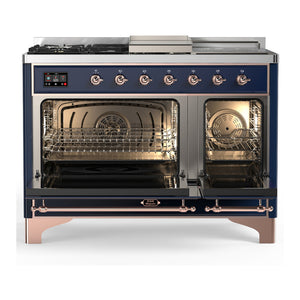ILVE Majestic III 48-Inch Dual Fuel Range with 5 Sealed Burners + Griddle + French Top, 5.02 cu. ft. Oven, Mightnight Blue with Copper Trim, Liquid Propane, Solid Door, UM48FSQNR3MBPLP
