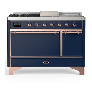 ILVE Majestic III 48-Inch Dual Fuel Range with 5 Sealed Burners + Griddle + French Top, 5.02 cu. ft. Oven, Mightnight Blue with Copper Trim, Liquid Propane, Solid Door, UM48FSQNR3MBPLP