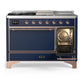 ILVE Majestic III 48-Inch Dual Fuel Range with 5 Sealed Burners + Griddle + French Top, 5.02 cu. ft. Oven, Mightnight Blue with Copper Trim, Natural Gas, Solid Door, UM48FSQNR3MBP