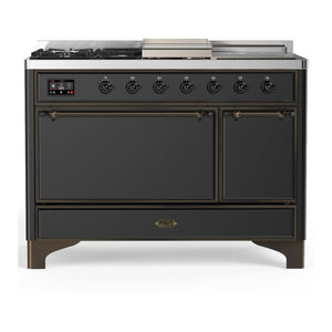 ILVE Majestic III 48-Inch Dual Fuel Range with 5 Sealed Burners + Griddle + French Top, 5.02 cu. ft. Oven, Matte Graphite with Burnished Trim, Liquid Propane, Solid Door, UM48FSQNR3MGBLP