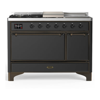 ILVE Majestic III 48-Inch Dual Fuel Range with 5 Sealed Burners + Griddle + French Top, 5.02 cu. ft. Oven, Matte Graphite with Burnished Trim, Liquid Propane, Solid Door, UM48FSQNR3MGBLP