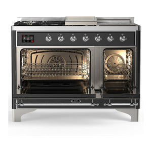 ILVE Majestic III 48-Inch Dual Fuel Range with 5 Sealed Burners + Griddle + French Top, 5.02 cu. ft. Oven, Matte Graphite with Chrome Trim, Liquid Propane, Solid Door, UM48FSQNR3MGCLP