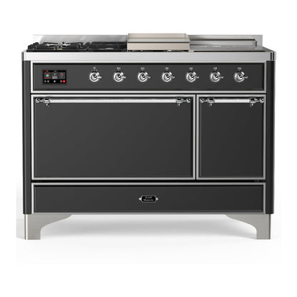 ILVE Majestic III 48-Inch Dual Fuel Range with 5 Sealed Burners + Griddle + French Top, 5.02 cu. ft. Oven, Matte Graphite with Chrome Trim, Liquid Propane, Solid Door, UM48FSQNR3MGCLP