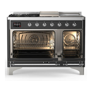 ILVE Majestic III 48-Inch Dual Fuel Range with 5 Sealed Burners + Griddle + French Top, 5.02 cu. ft. Oven, Matte Graphite with Chrome Trim, Natural Gas, Solid Door, UM48FSQNR3MGC