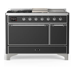 ILVE Majestic III 48-Inch Dual Fuel Range with 5 Sealed Burners + Griddle + French Top, 5.02 cu. ft. Oven, Matte Graphite with Chrome Trim, Natural Gas, Solid Door, UM48FSQNR3MGC