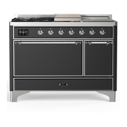 ILVE Majestic III 48-Inch Dual Fuel Range with 5 Sealed Burners + Griddle + French Top, 5.02 cu. ft. Oven, Matte Graphite with Chrome Trim, Natural Gas, Solid Door, UM48FSQNR3MGC