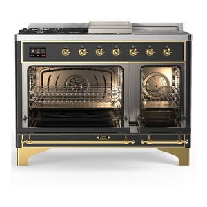 ILVE Majestic III 48-Inch Dual Fuel Range with 5 Sealed Burners + Griddle + French Top, 5.02 cu. ft. Oven, Matte Graphite with Brass Trim, Liquid Propane, Solid Door, UM48FSQNR3MGGLP