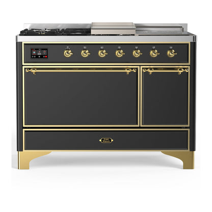 ILVE Majestic III 48-Inch Dual Fuel Range with 5 Sealed Burners + Griddle + French Top, 5.02 cu. ft. Oven, Matte Graphite with Brass Trim, Natural Gas, Solid Door, UM48FSQNR3MGG