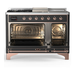 ILVE Majestic III 48-Inch Dual Fuel Range with 5 Sealed Burners + Griddle + French Top, 5.02 cu. ft. Oven, Matte Graphite with Copper Trim, Liquid Propane, Solid Door, UM48FSQNR3MGPLP