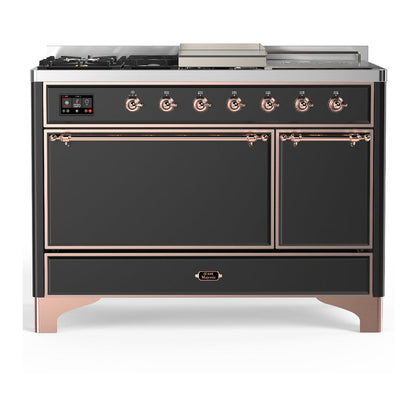ILVE Majestic III 48-Inch Dual Fuel Range with 5 Sealed Burners + Griddle + French Top, 5.02 cu. ft. Oven, Matte Graphite with Copper Trim, Natural Gas, Solid Door, UM48FSQNR3MGP